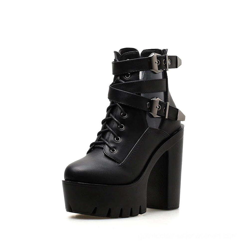 Side profile of black gothic platform lace-up boots showing multiple metal buckle straps, lacing system, and substantial heel-to-platform ratio