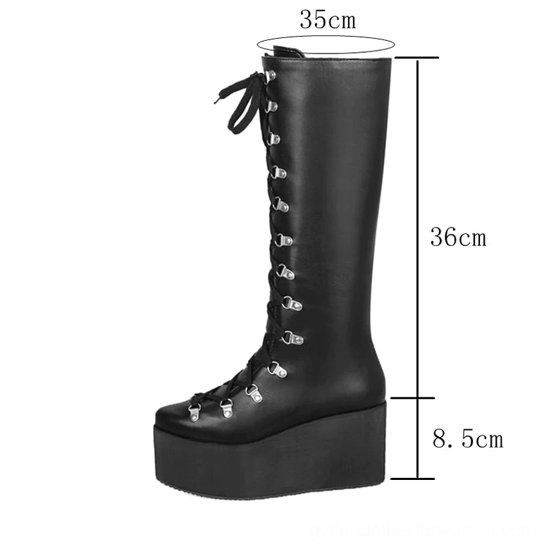 Gothic platform boots size measurements showing 36cm shaft height and 8.5cm platform