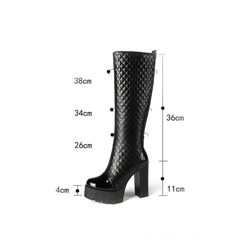 Gothic platform boots size reference showing boot height and heel measurements with lug platform sole