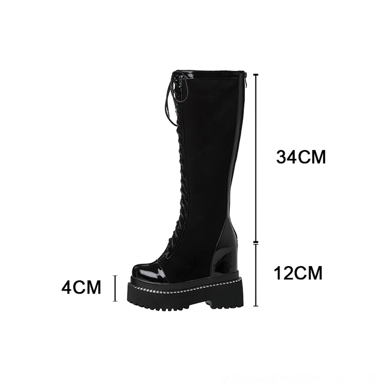 Black gothic platform boots with measurement specifications showing 34cm total height, 12cm heel height, 4cm platform sole