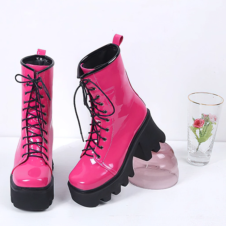 Black and Hot Pink Gothic Patent Leather Platform Boots - Studio Styled Shot with Decorative Props