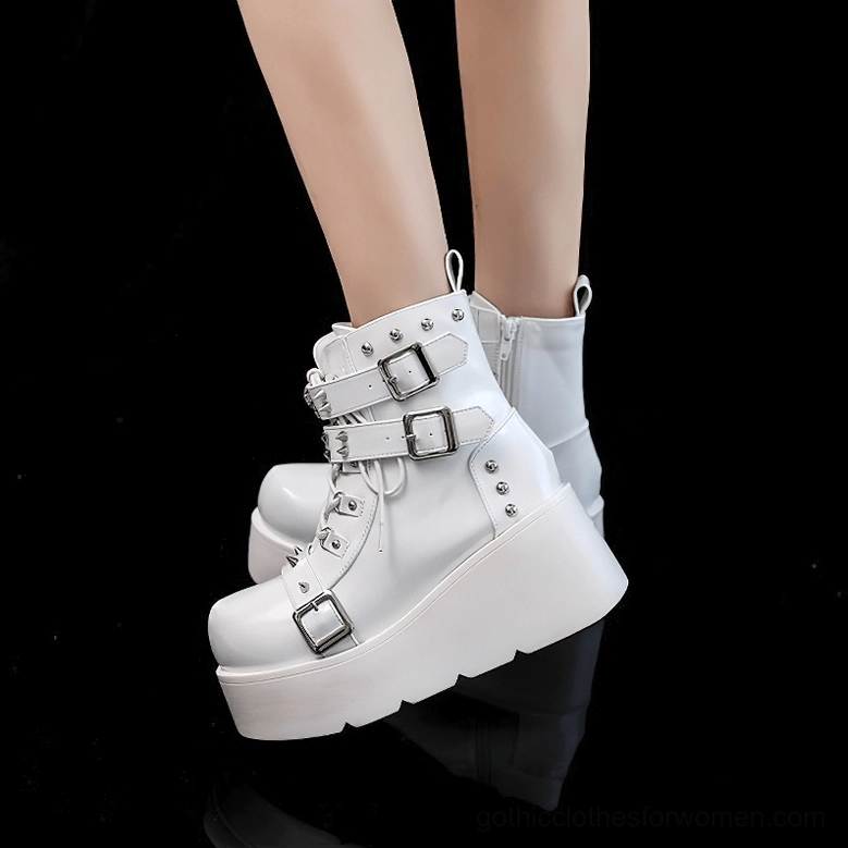 Gothic platform boots for women white variant buckle and spike styling