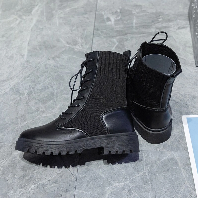 Black gothic lace-up combat ankle boots displayed pair - pu leather knit shaft round toe platform sole