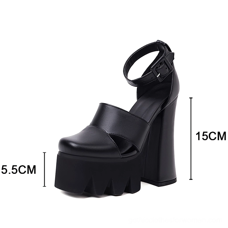 Black gothic platform heel with height measurements showing total 15cm heel and 5.5cm platform height specifications