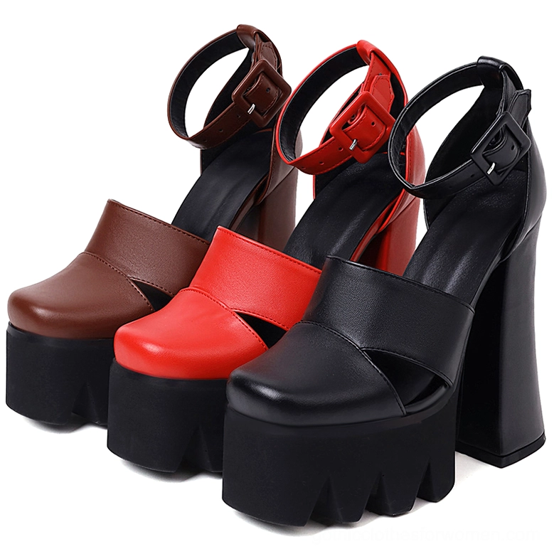 Three-color comparison of gothic platform heels: black, red, and brown platform ankle strap sandals with block heels