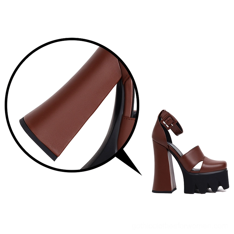 Gothic platform heels product overview featuring black leather upper with structural square heel and serrated platform base
