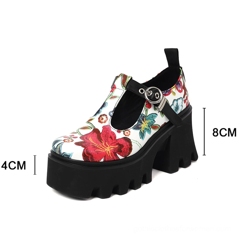 Gothic floral platform Mary Jane pump showing heel construction with 8cm total height and 4cm platform measurement