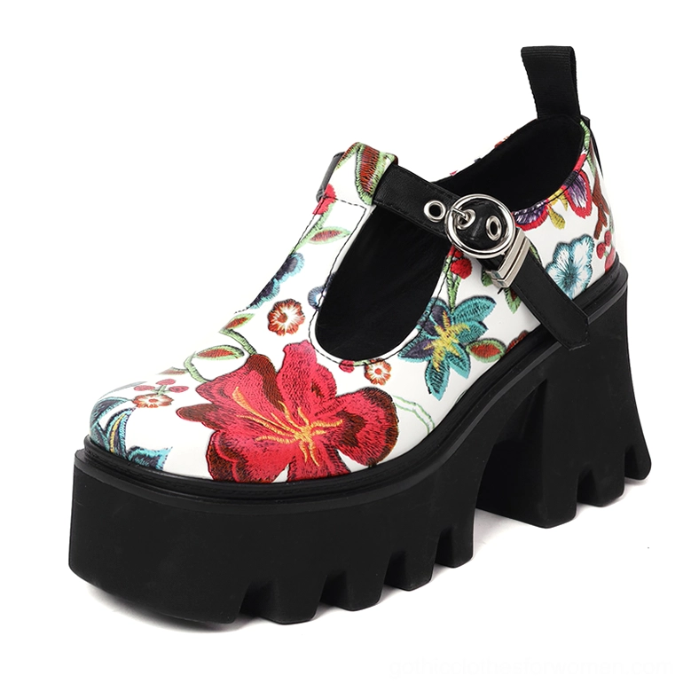 White floral gothic platform Mary Jane pump side view showing 4cm platform and 8cm heel with black lug sole
