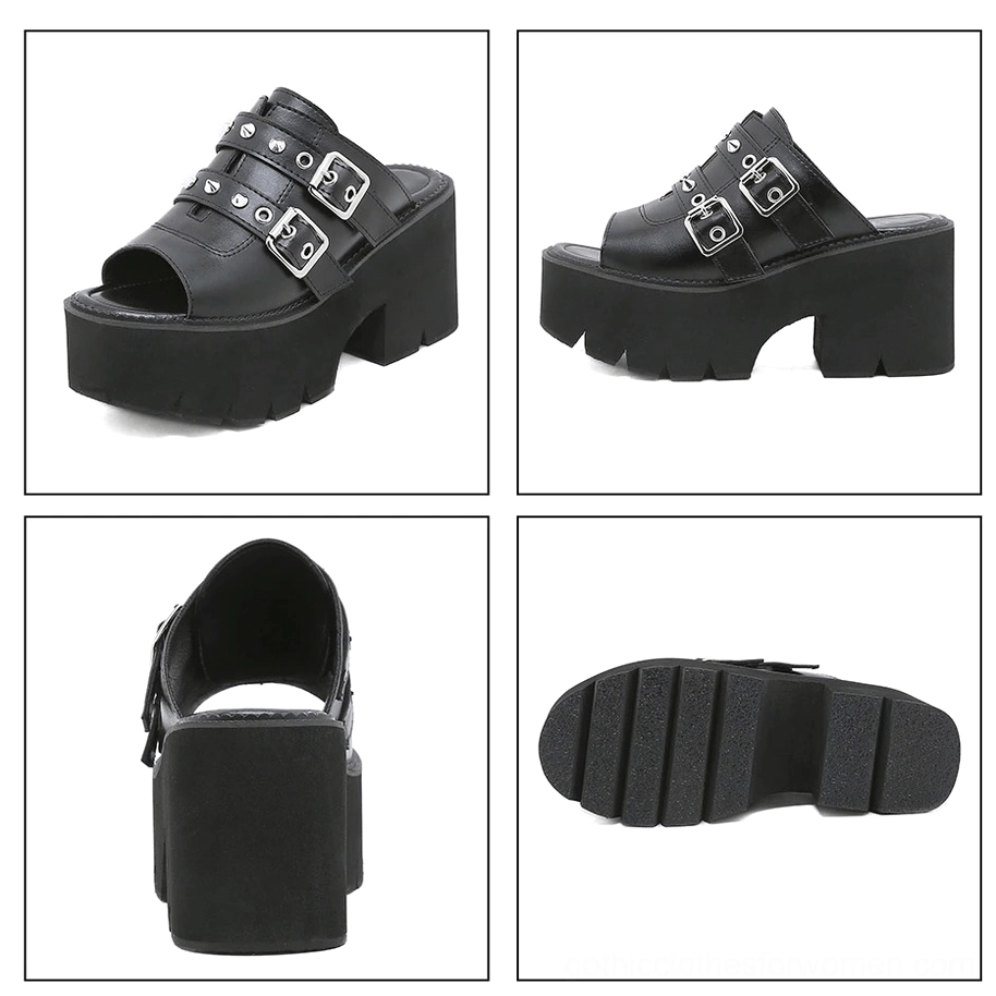 Gothic platform mule sandal three-quarter angle view open back design professional shot