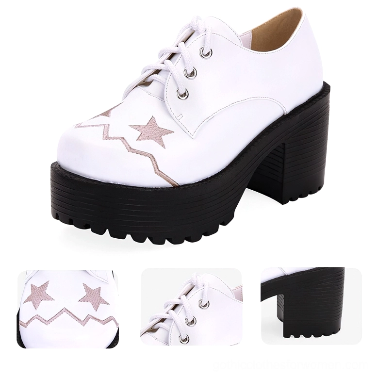 Gothic celestial platform lace-up oxford shoes embroidered star pattern detail shot showcasing craftsmanship