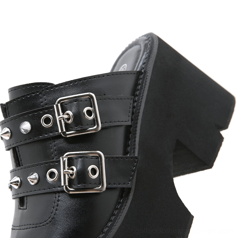 Gothic platform sandal heel strap detail double adjustable buckle silver hardware chunky block