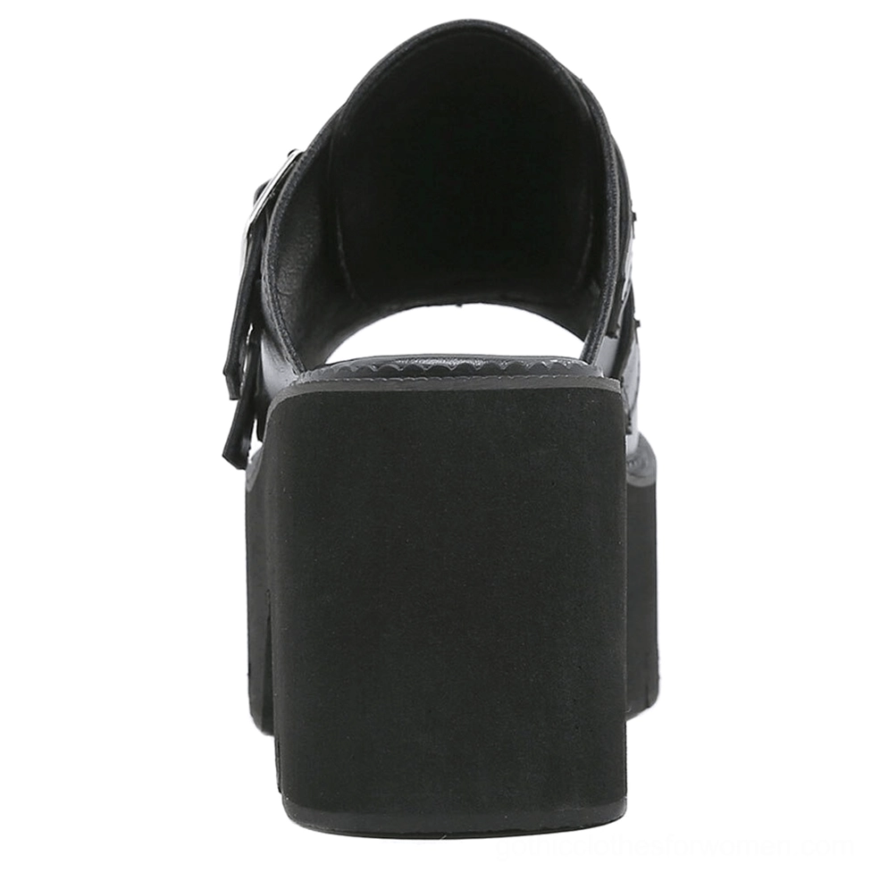 Gothic spike platform sandal rear back view open mule design block heel construction