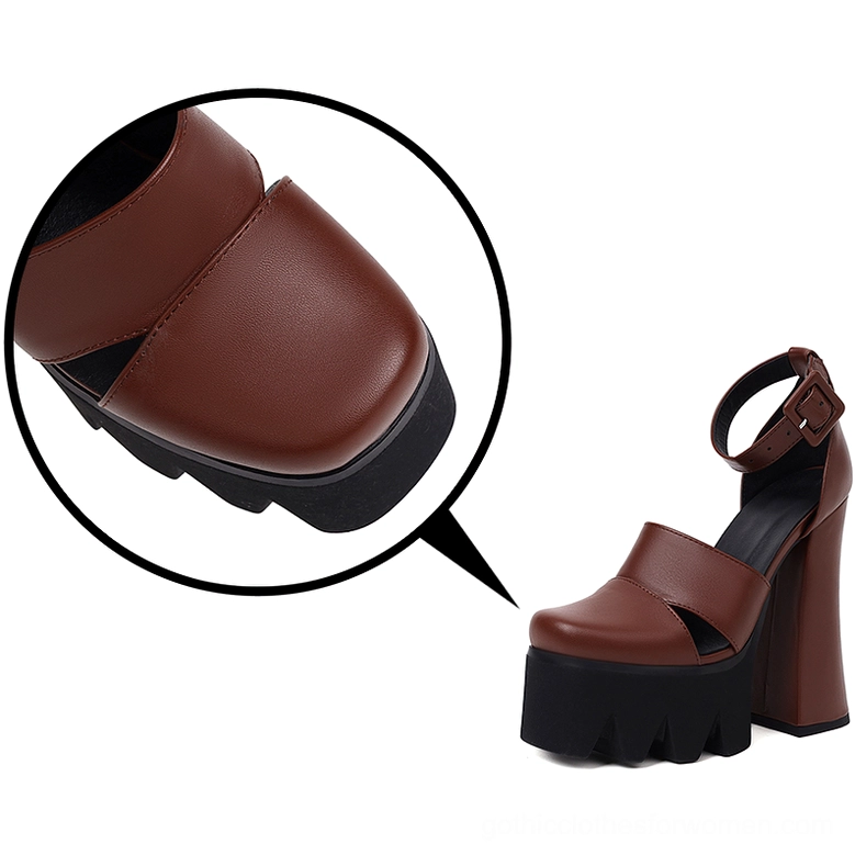 Brown gothic sandal toe detail showcasing square covered toe cap and textured platform base construction