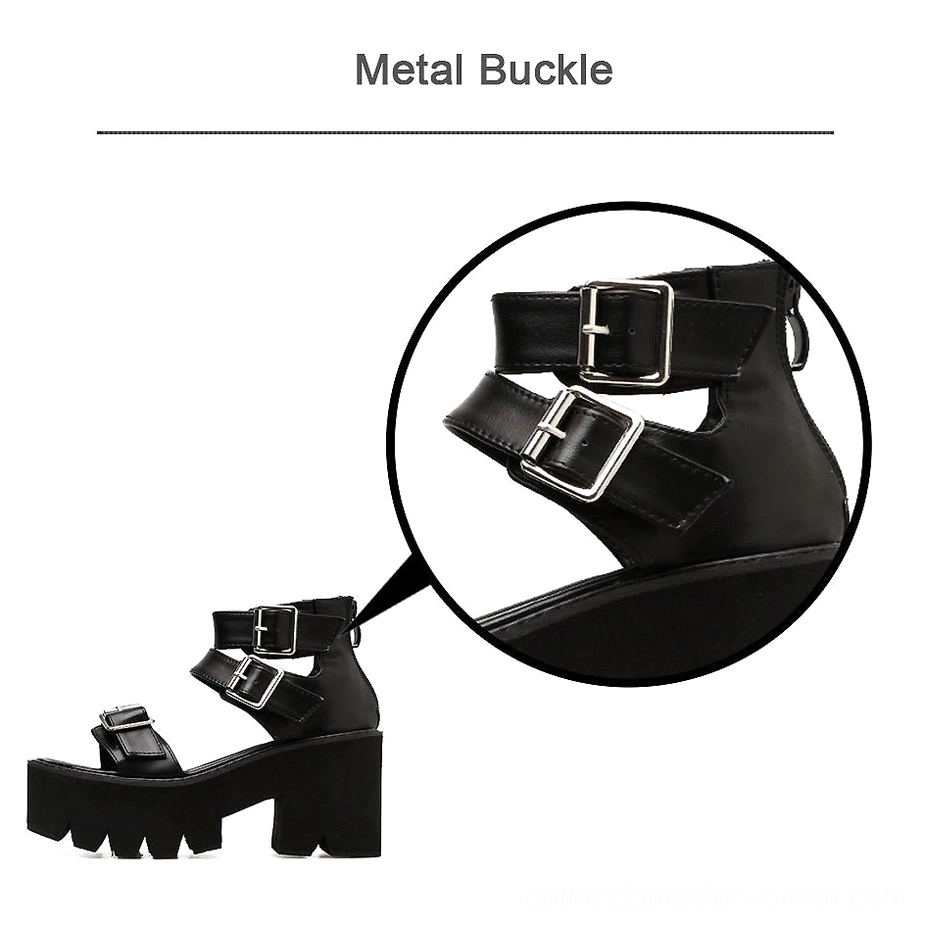 Black gothic platform sandals side view with detailed inset highlighting ankle buckle strap hardware and industrial closure mechanism