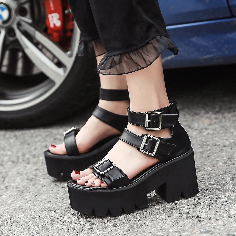 Black gothic platform sandals full product view demonstrating PU leather upper quality, structural integrity, and alternative fashion aesthetic