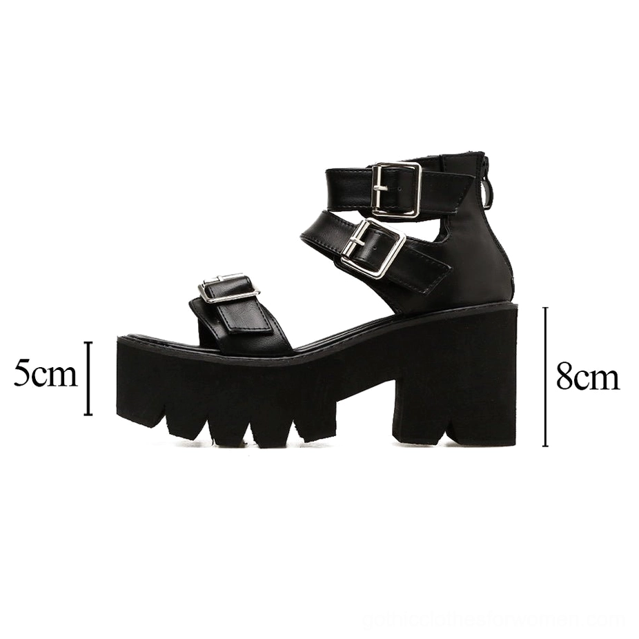 Black gothic platform sandals side profile highlighting 5cm platform base and 8cm total heel height with architectural design