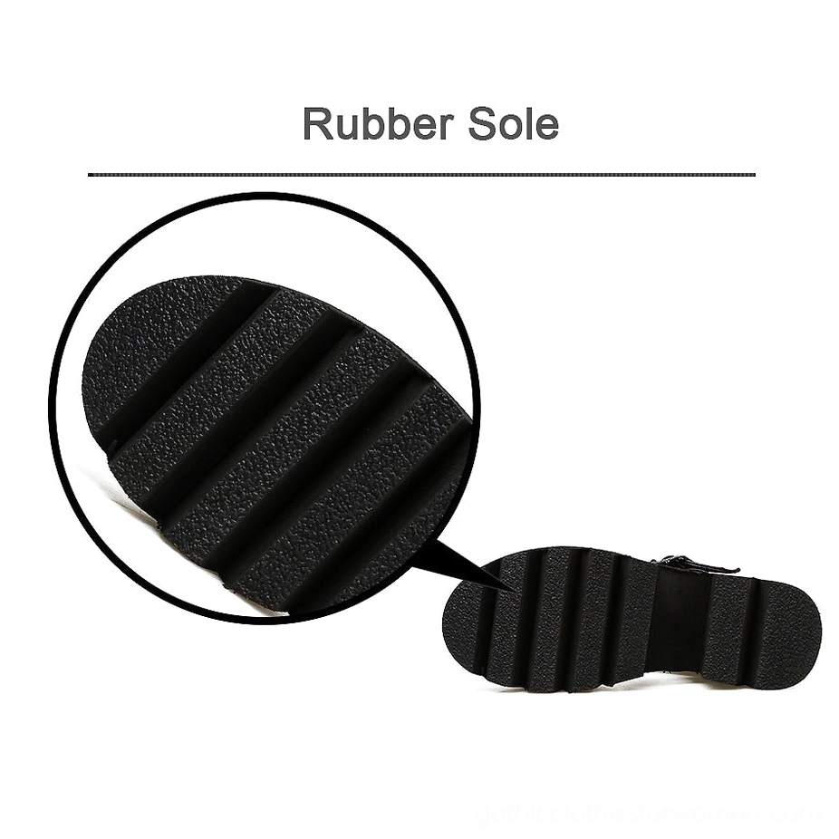 Black gothic platform sandal outsole with detailed inset showing grooved rubber lug tread pattern for anti-slip functionality