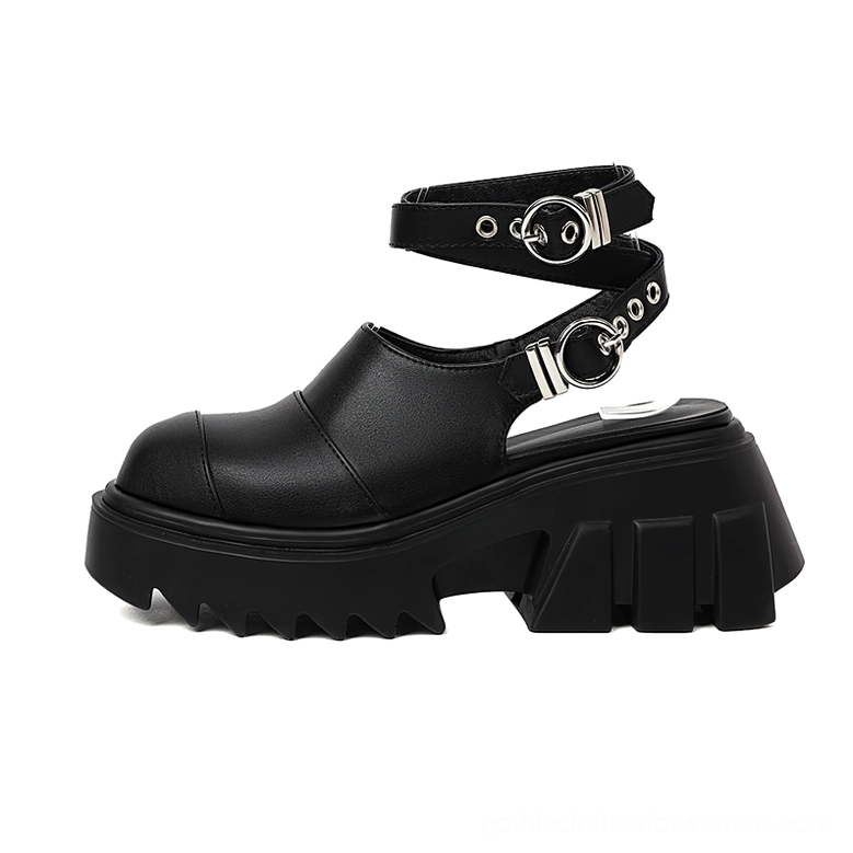 Black platform sandals with square heel and adjustable ankle buckle strap - side profile view