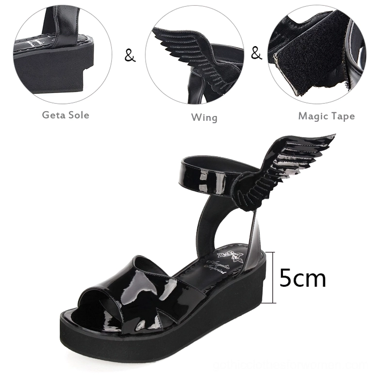 Black patent leather winged platform sandal side view showcasing 5cm thick geta-style sole and sculptural wing fastener