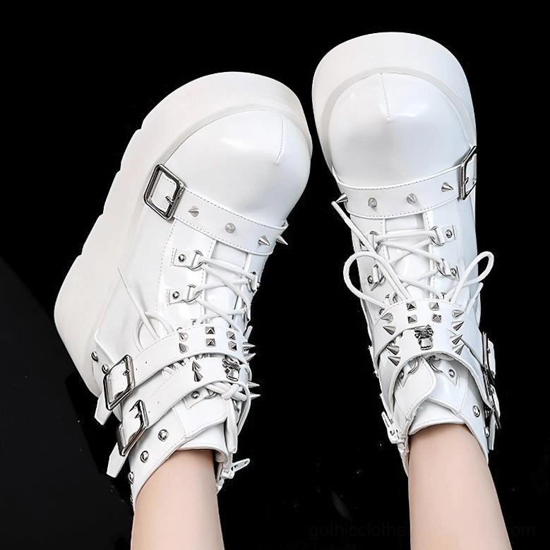 Gothic platform shoes for women spiked ankle boots top-down view