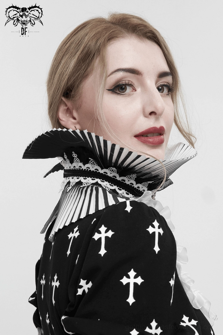 Alternative styling angle of pleated gothic neckwear choker displaying full collar structure and lace trim