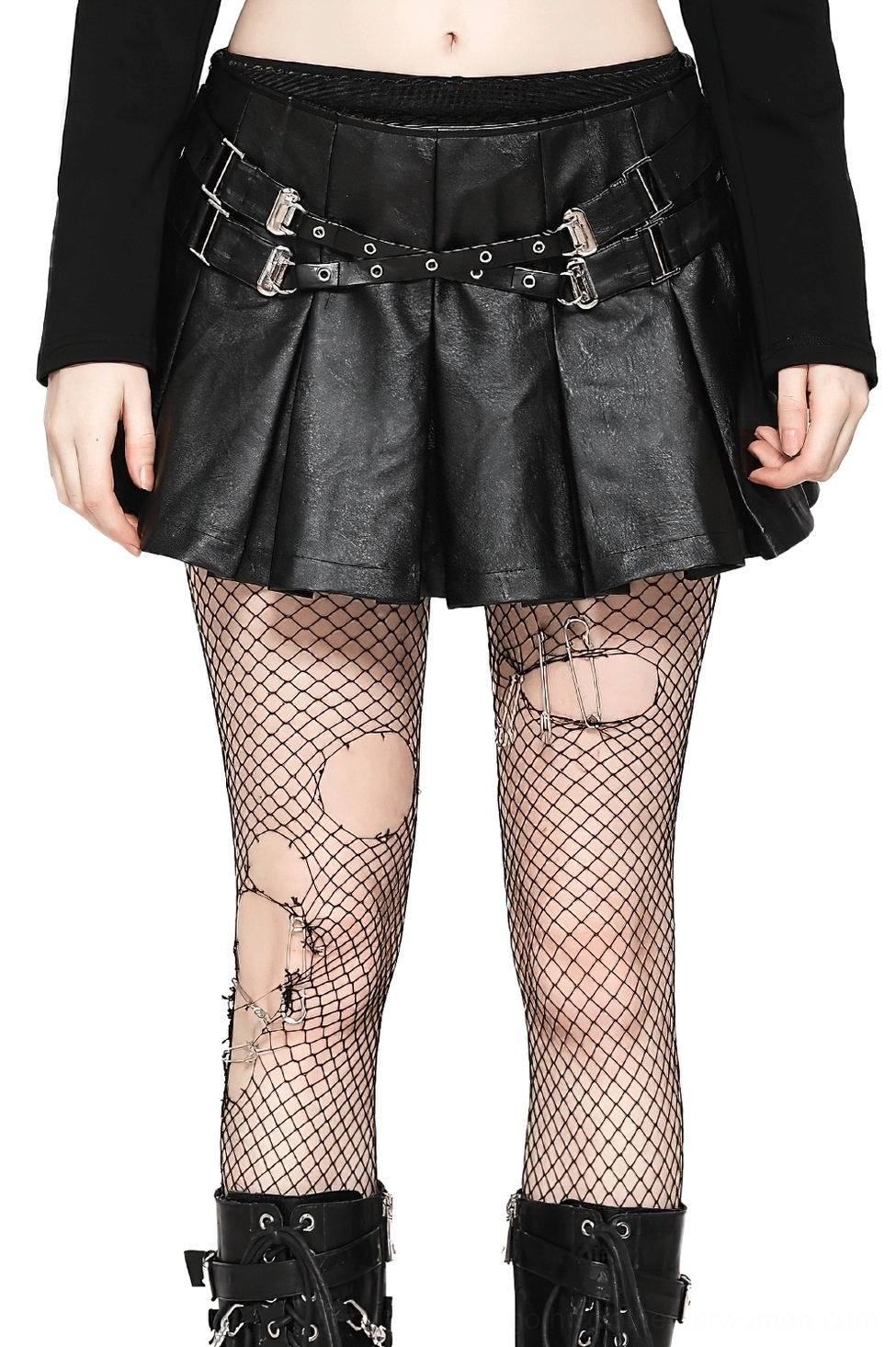 Black pleated faux leather gothic mini skirt with dual silver buckle straps worn by female model, front view studio shot