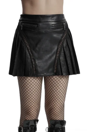 Black pleated punk leather skirt with mesh side panels and dual metal zipper pockets - front view on model