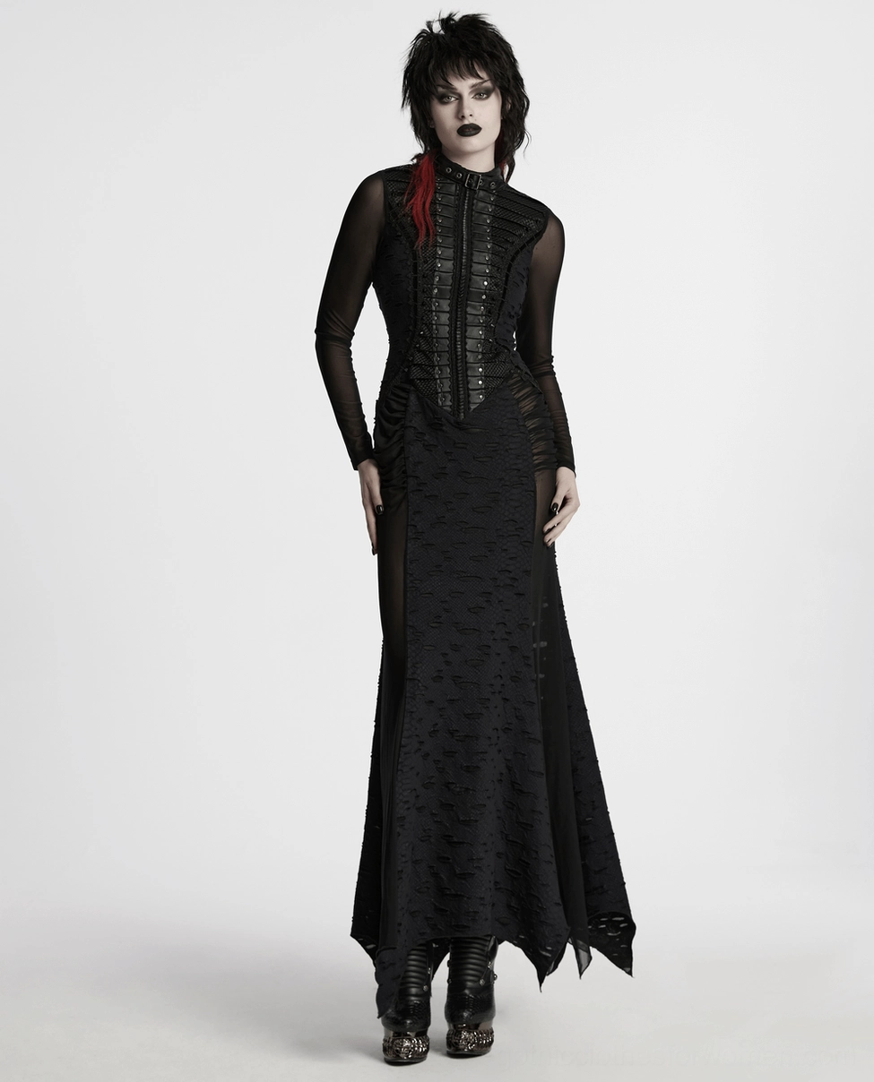 Black gothic pleated mesh maxi dress back view styling showcasing lace-up closure, sheer sleeves, dramatic skirt length, and distressed tattered hem design