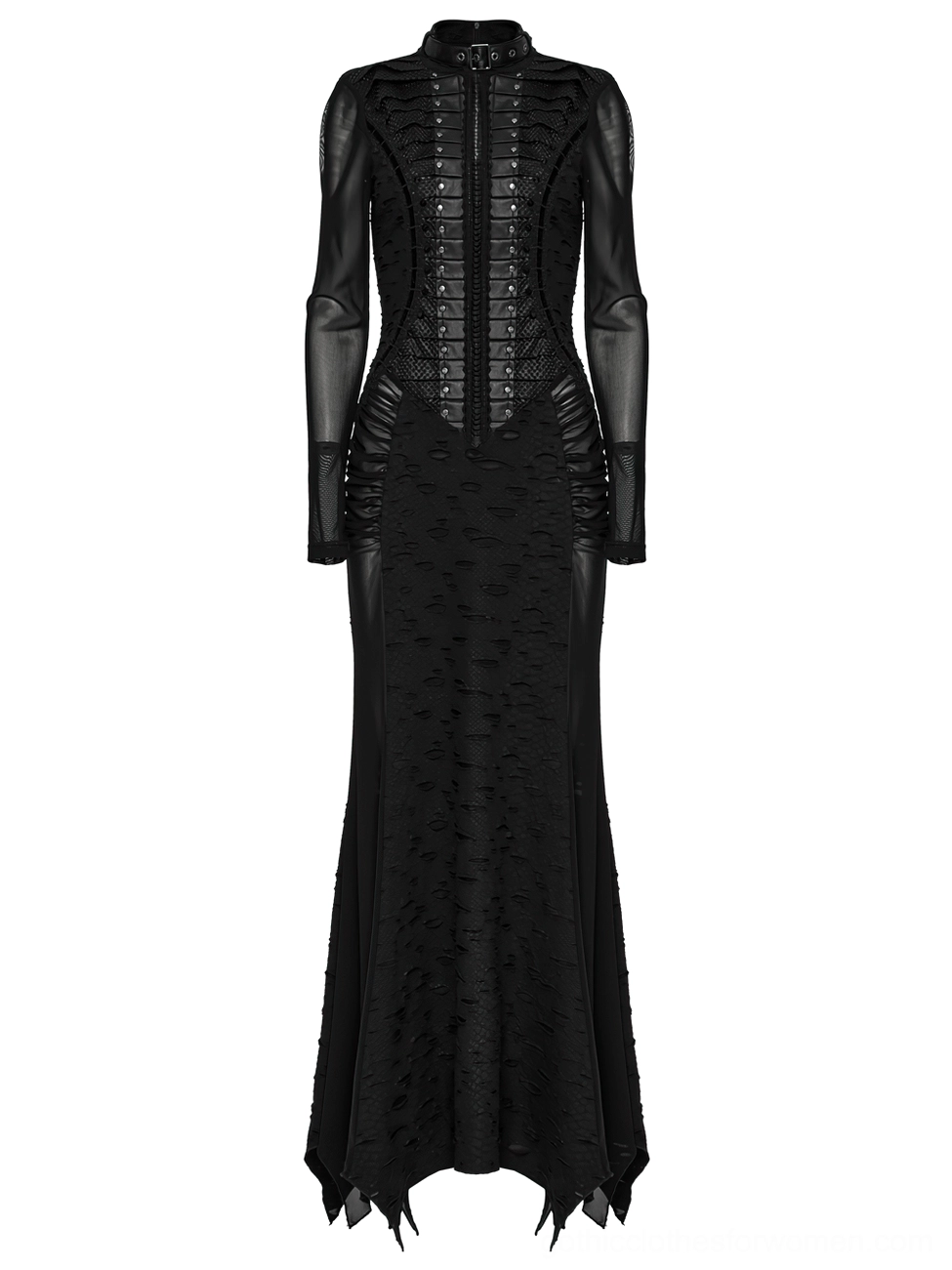 Gothic pleated mesh dress front static shot on mannequin showing structured corset detailing with metal studs, sheer mesh sleeves, and tattered hem with side splits