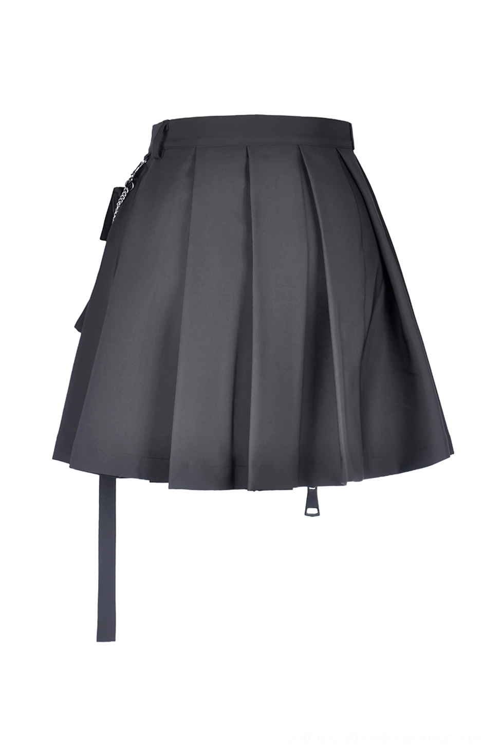 Black pleated gothic mini skirt back view showing pleated design and structural waist belt detail