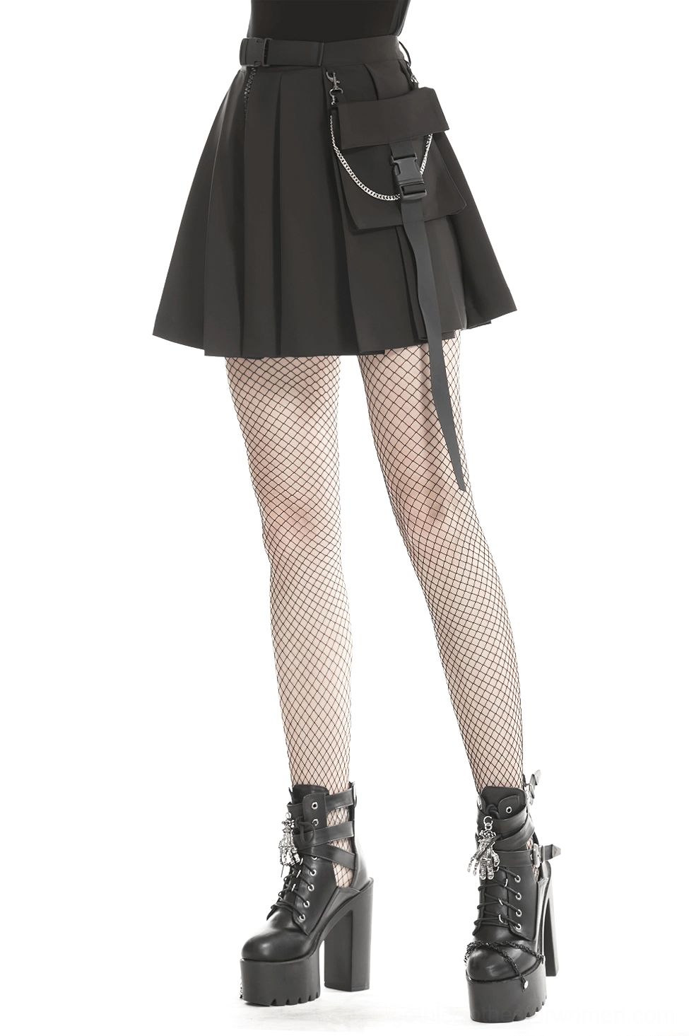 Black pleated gothic mini skirt with chain pocket and belt loop styling detail view