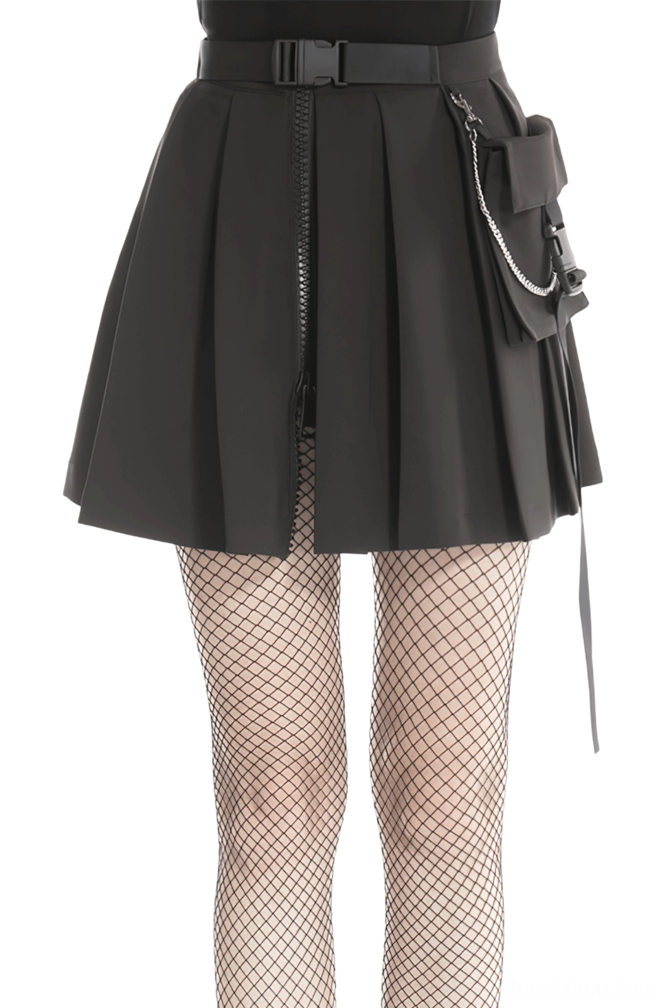 Black pleated gothic mini skirt with chain pocket detail front view close-up showing metal zipper and chain attachment