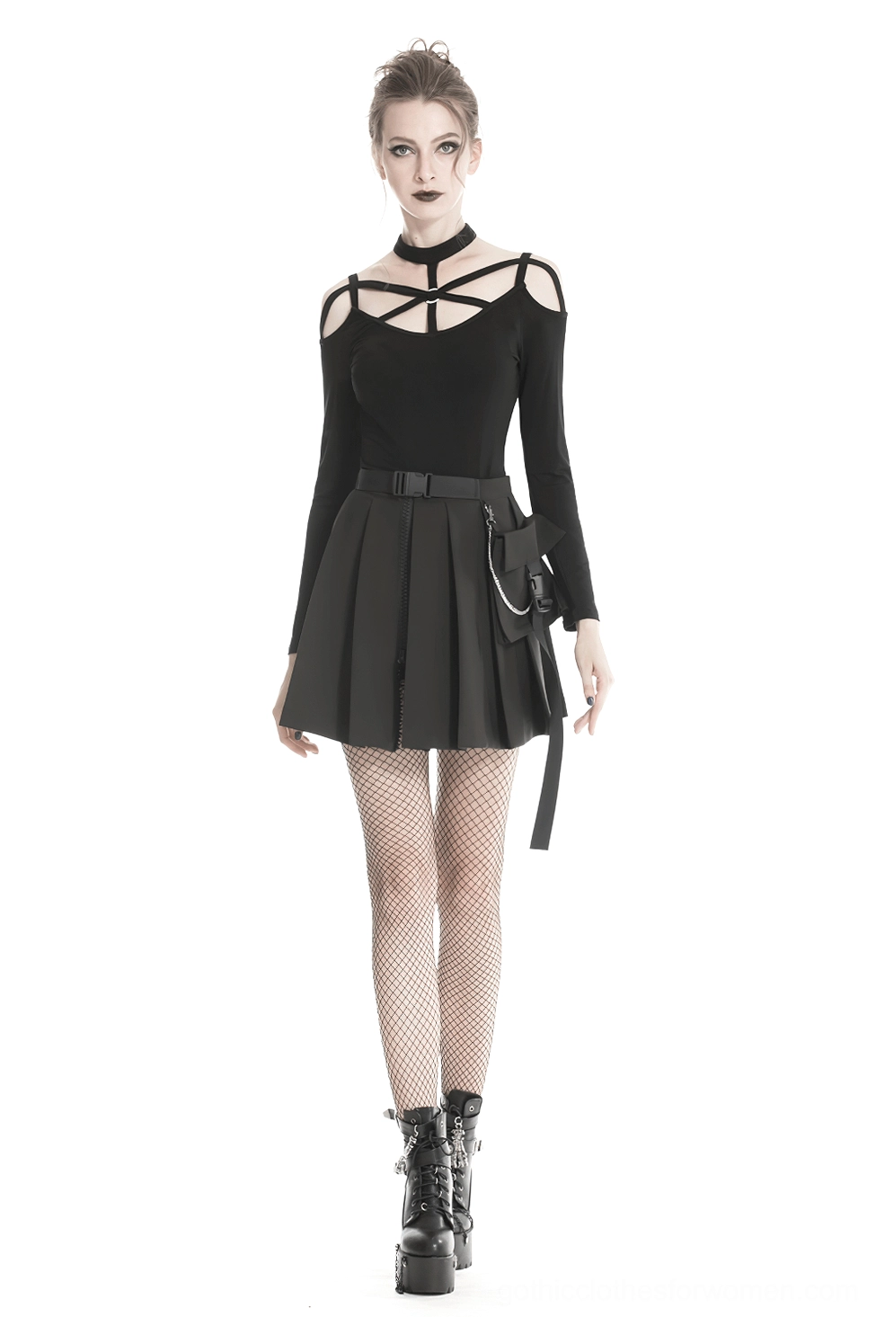 Black pleated gothic mini skirt side view showing chain pocket attachment and pleated structure