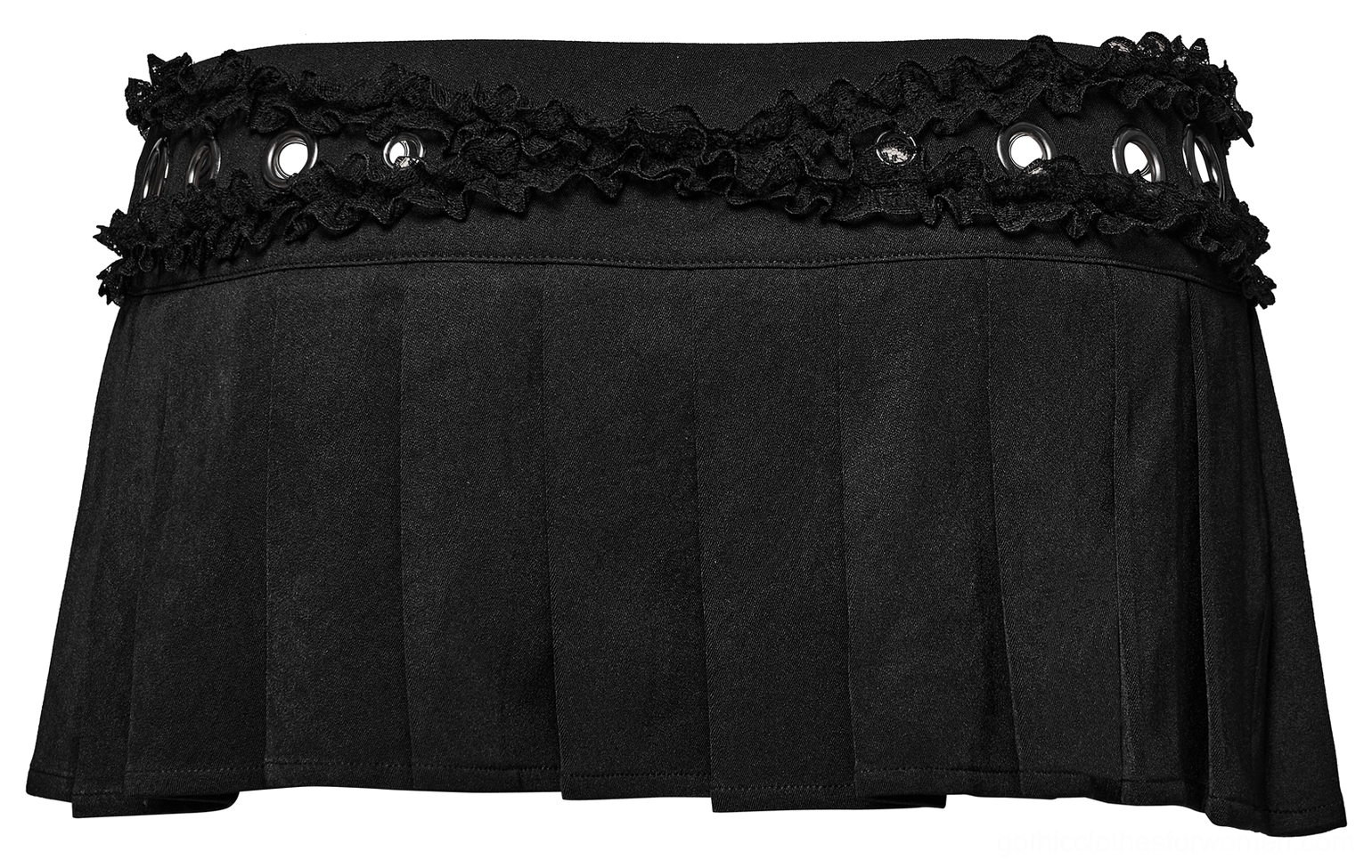 Black pleated gothic mini skirt flat lay front view emphasizing small metal studs, classic pleating pattern, and structured silhouette