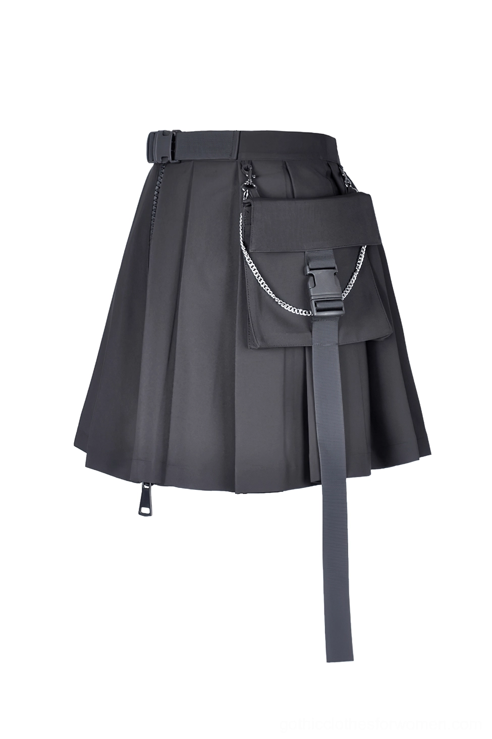 Black pleated gothic mini skirt side flat lay view displaying pleated structure and chain pocket attachment