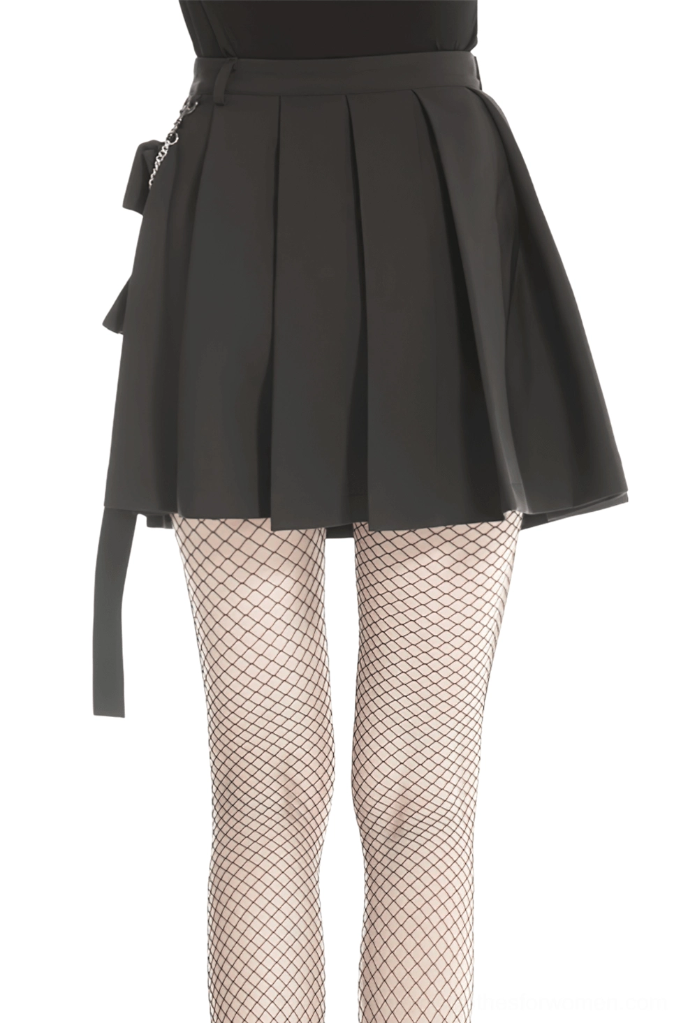 Black gothic pleated mini skirt side front angle view displaying pleated construction and chain pocket strap