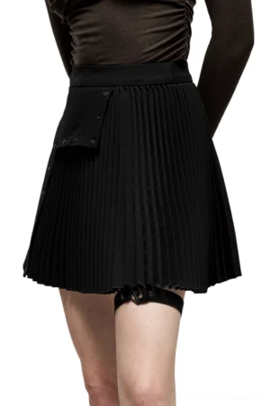Black asymmetric pleated gothic mini skirt back view with detachable thigh strap