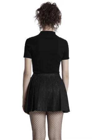 Black gothic pleated skirt back view on model, showcasing tailored fitted silhouette and architectural pleats