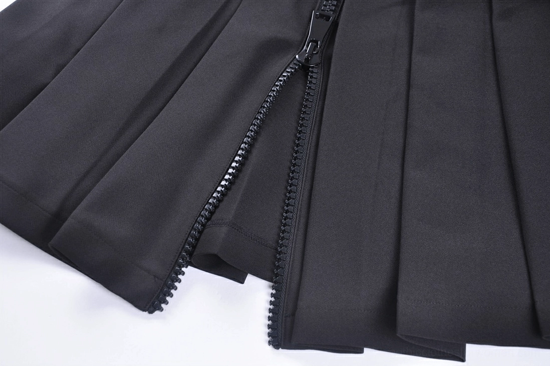Gothic pleated mini skirt showing chain pocket hardware and metal decorative elements detail