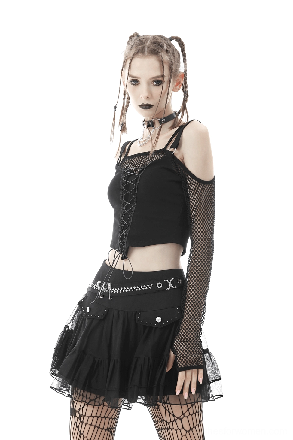 Gothic pleated mini skirt with chain hardware and stud details showcasing punk rock fashion aesthetic