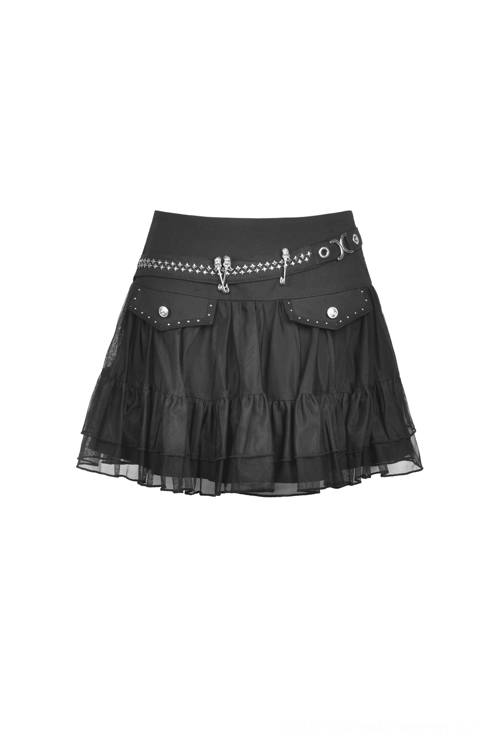 Gothic black pleated mini skirt front view flat lay showing tiered mesh, skull chain waist, and decorative pockets
