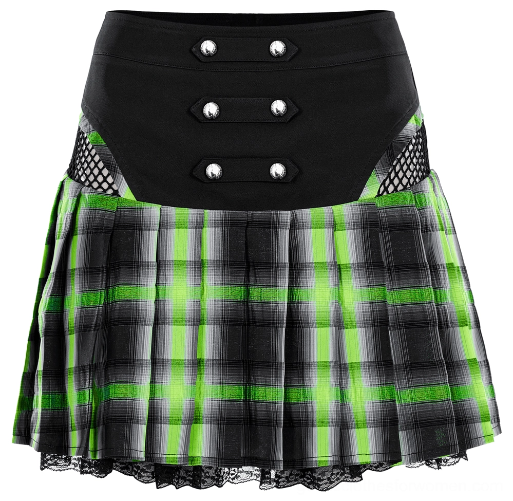 Full flat lay front view of black-green tartan pleated gothic mini skirt on white background