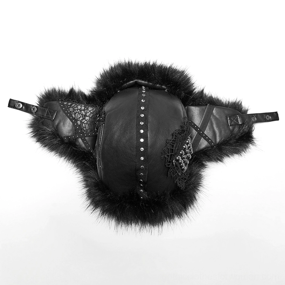 Front flat lay view of black gothic plush hat with lace accents and adjustable studded fasteners