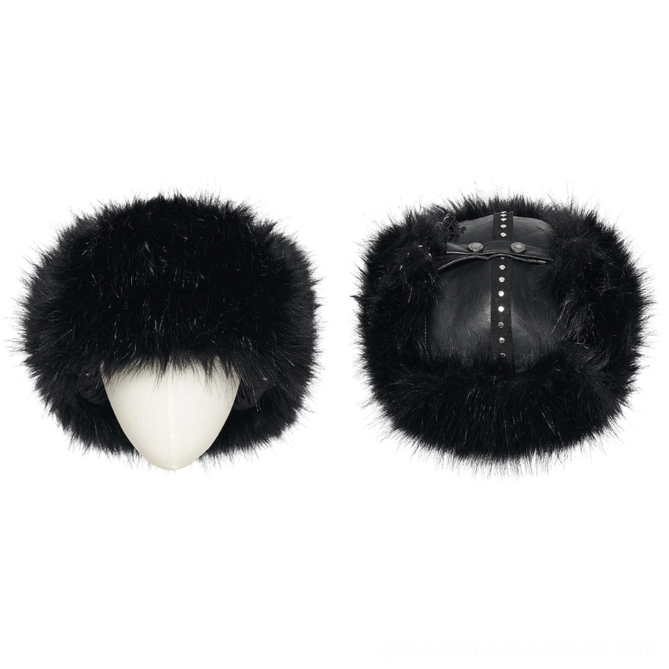 Front and rear paired display of black gothic plush trapper hat showing complete design