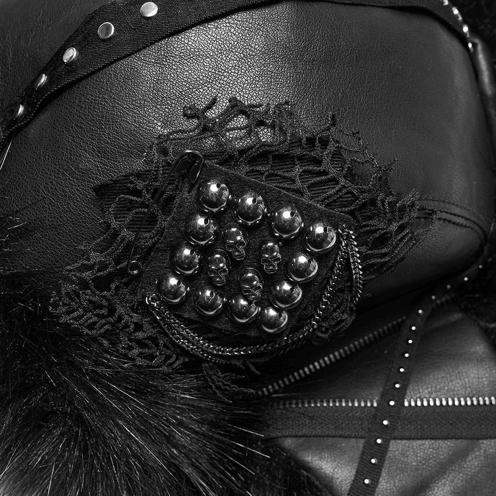 Main product shot of black gothic plush trapper hat with studded metal accents and mesh details