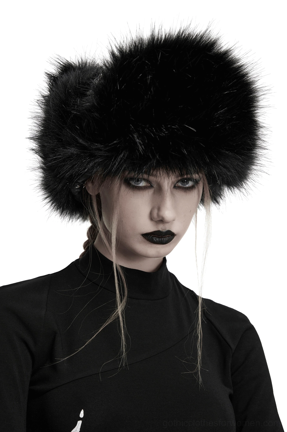 Black gothic plush trapper hat with metal studs worn by female model with gothic makeup in studio