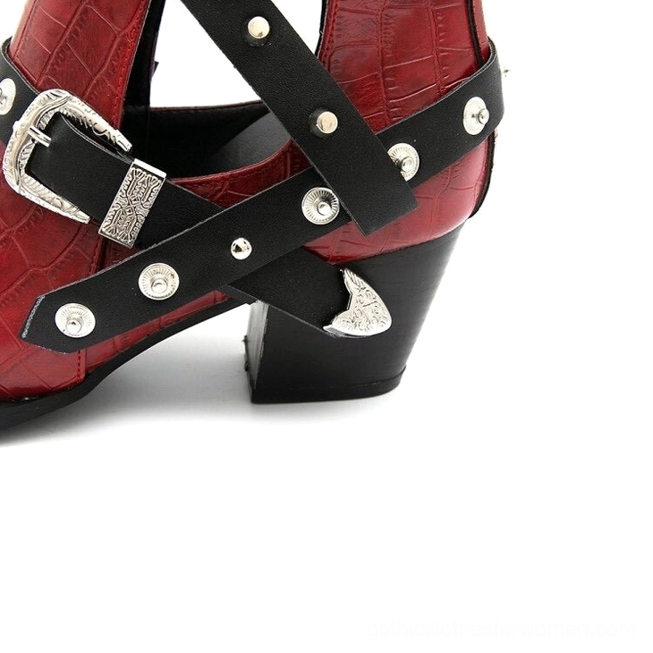 Gothic pointed toe ankle boots featuring alternative fashion aesthetic with metal embellishments display