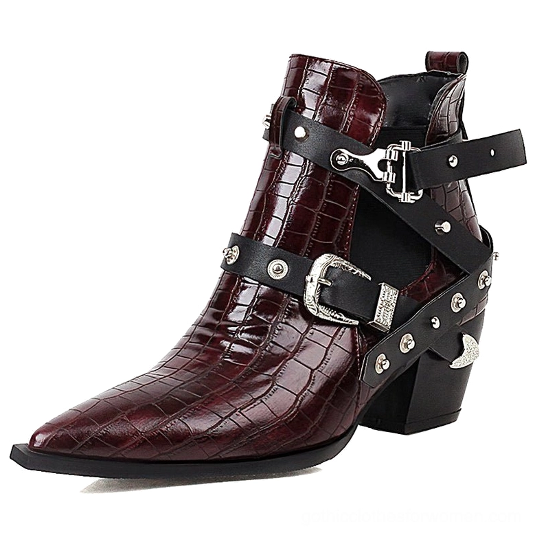Women's gothic pointed toe ankle boots with secure buckle closure and metal hardware styling