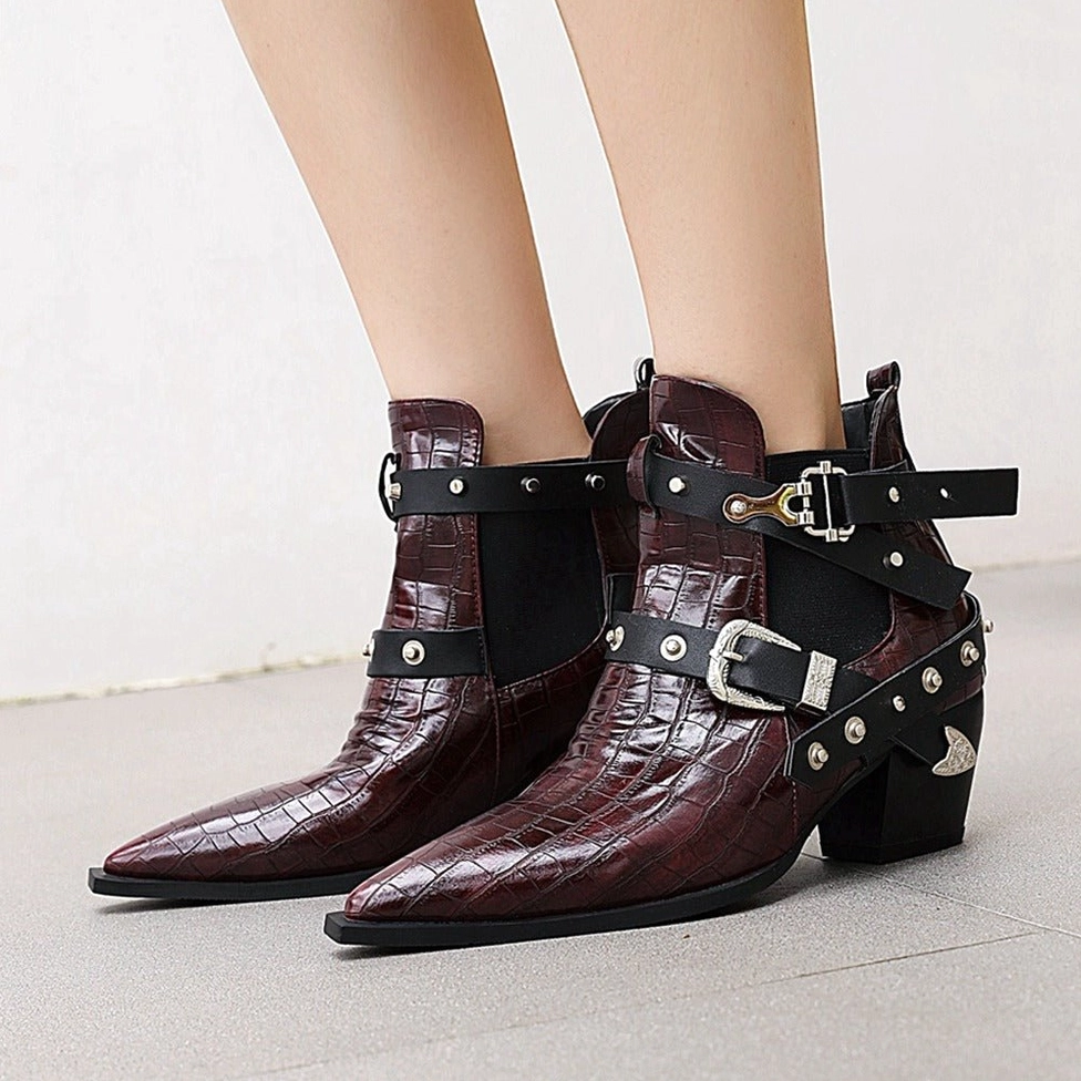 Women's gothic pointed toe ankle boots with metal buckles rivets and square heel full view display