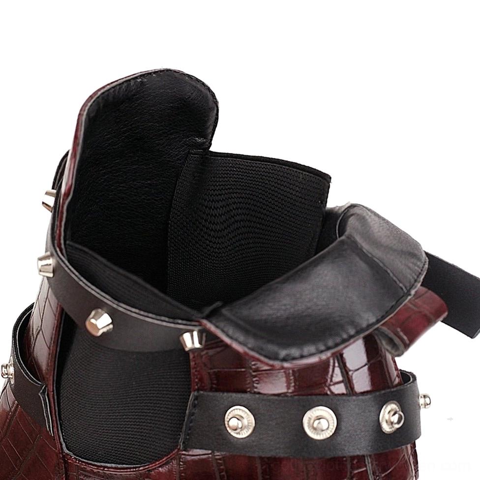 Women's gothic pointed toe chunky heel ankle boots with decorative rivets and buckles detail view